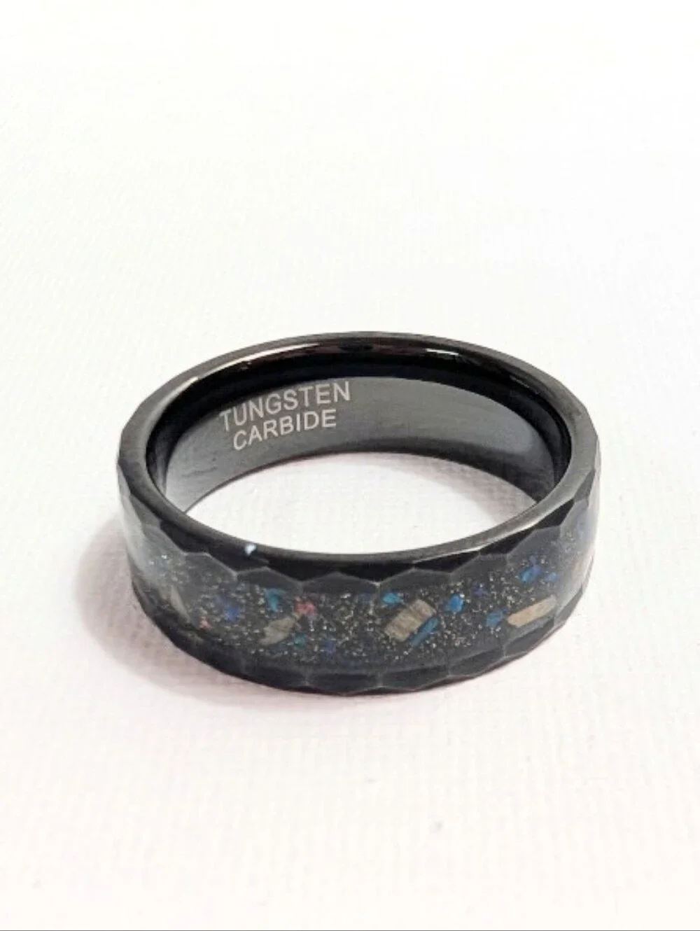 Men's Hammered Black Tungsten Galaxy Opal Meteorite Band Size 14